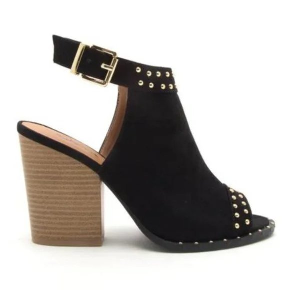 Gold Studded Black Slingback Peep Toe Block Heels - Picture 8 of 9